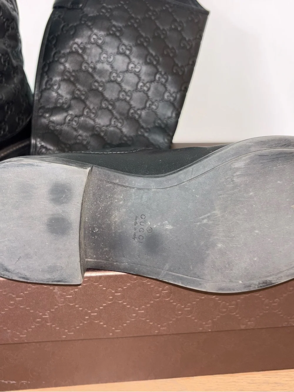 of Gucci Black Guccissima Soft Leather Knee-High Riding Boots Embossed GG
